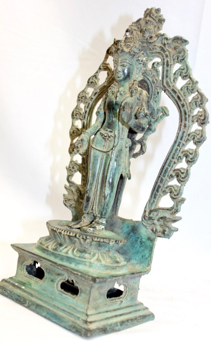 Vintage Balinese Dewi Sri Lakshmi Statue Bronze Lost Wax Cast Verdigris Patina Bali Indonesian Art 11"T - Acadia World Traders