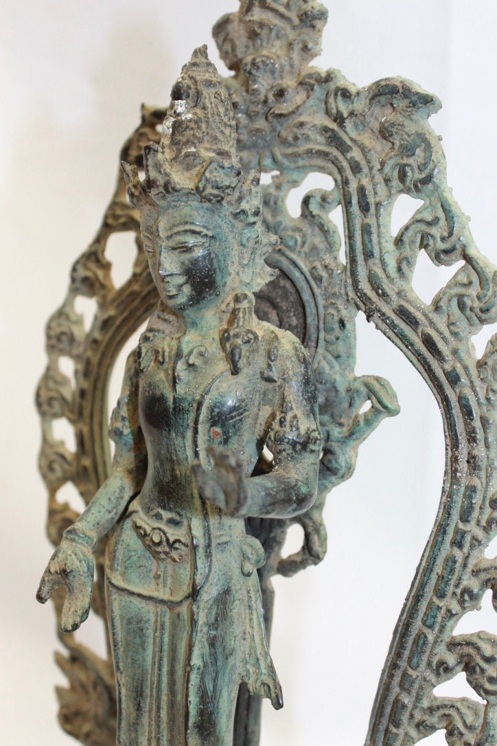 Vintage Balinese Dewi Sri Lakshmi Statue Bronze Lost Wax Cast Verdigris Patina Bali Indonesian Art 11"T - Acadia World Traders