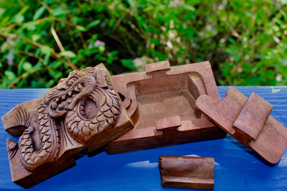 Carved Wood Dragon Secret Box: Balinese Stash Trinket Box