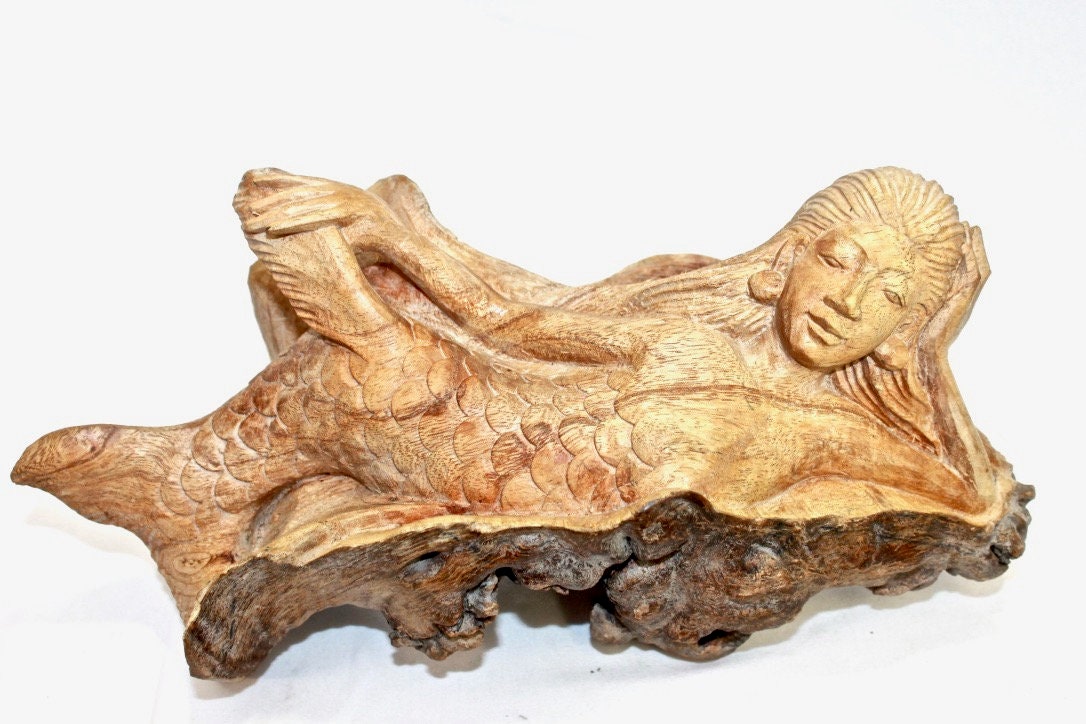 Mermaid Statue Parasite Mushroom Wood Carving Sculpture Bali Art - Acadia World Traders