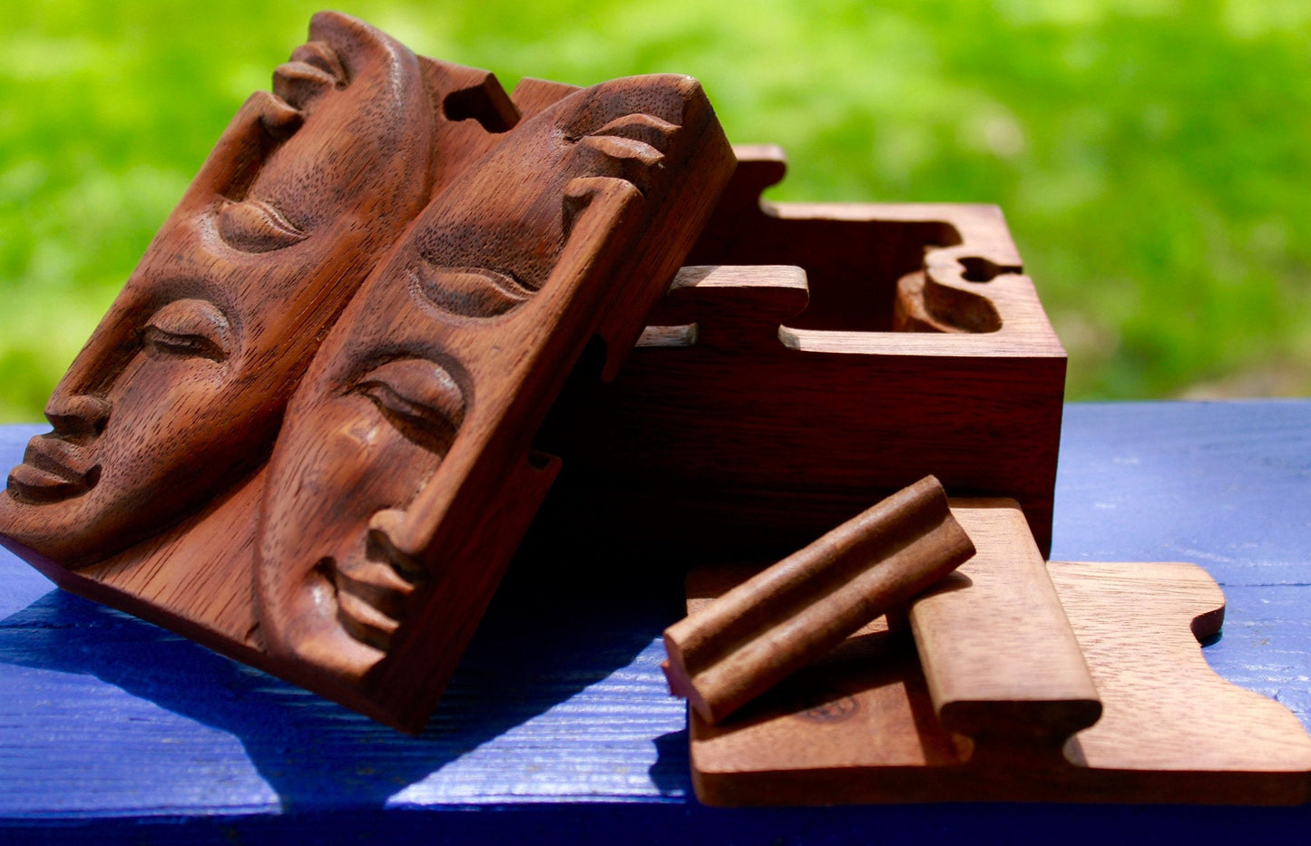 Balinese Lunar Moon Phase Puzzle Box Carving: Carved Wood Stash Box