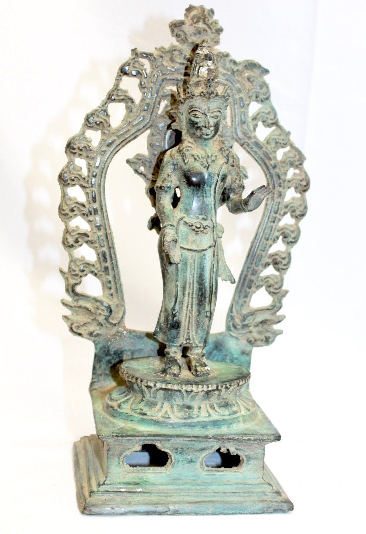 Vintage Balinese Dewi Sri Lakshmi Statue Bronze Lost Wax Cast Verdigris Patina Bali Indonesian Art 11"T - Acadia World Traders