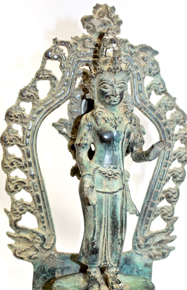 Vintage Balinese Dewi Sri Lakshmi Statue Bronze Lost Wax Cast Verdigris Patina Bali Indonesian Art 11"T - Acadia World Traders