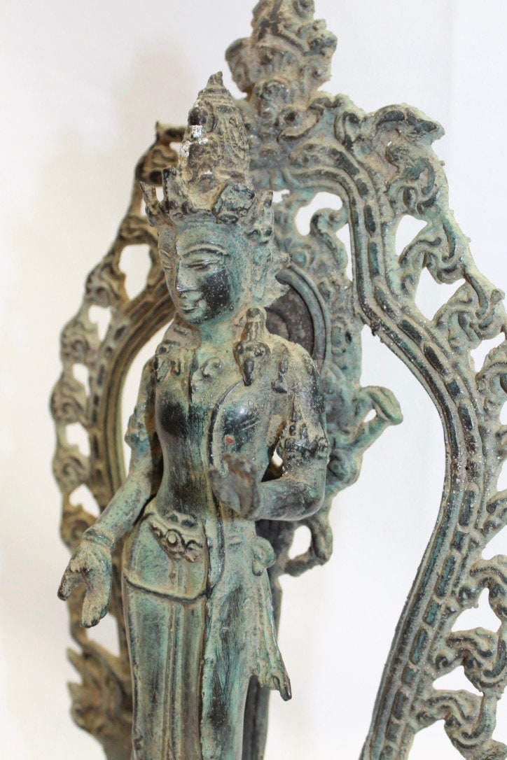 Vintage Balinese Dewi Sri Lakshmi Statue Bronze Lost Wax Cast Verdigris Patina Bali Indonesian Art 11"T - Acadia World Traders