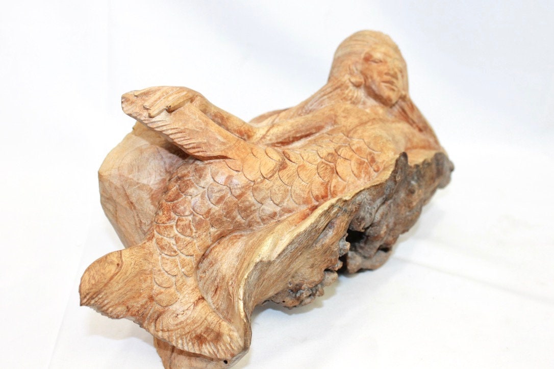 Mermaid Statue Parasite Mushroom Wood Carving Sculpture Bali Art - Acadia World Traders