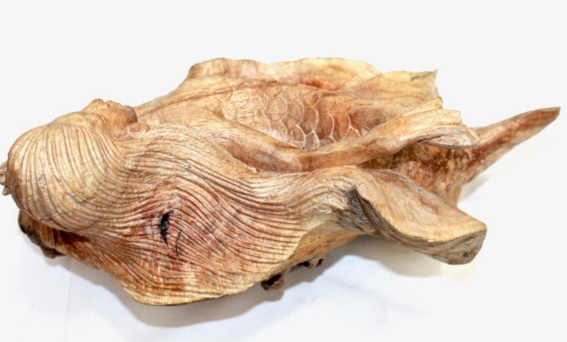 Mermaid Statue Parasite Mushroom Wood Carving Sculpture Bali Art - Acadia World Traders