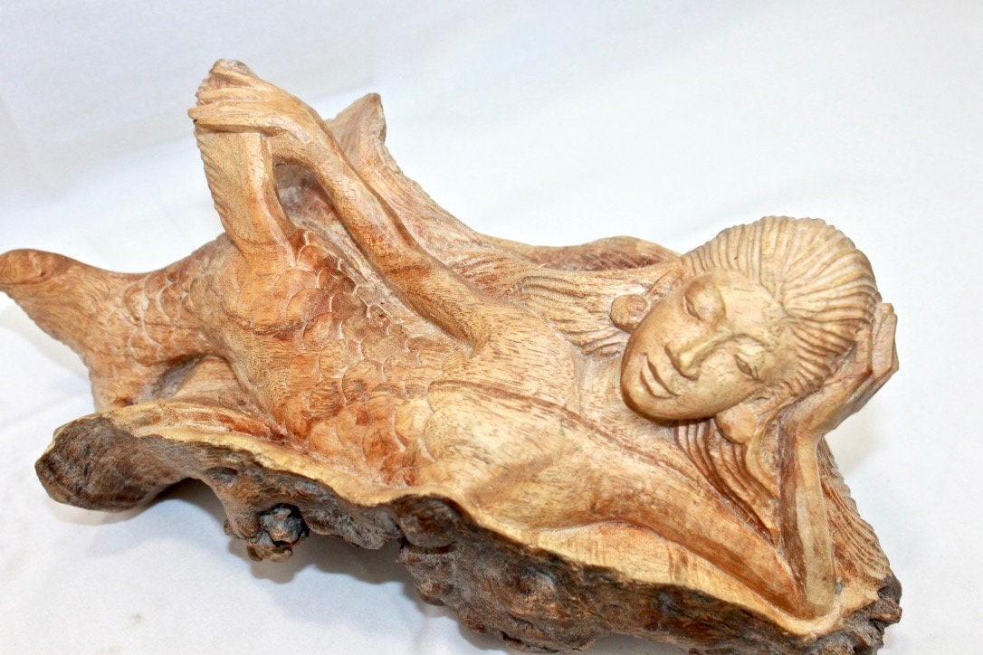 Mermaid Statue Parasite Mushroom Wood Carving Sculpture Bali Art - Acadia World Traders