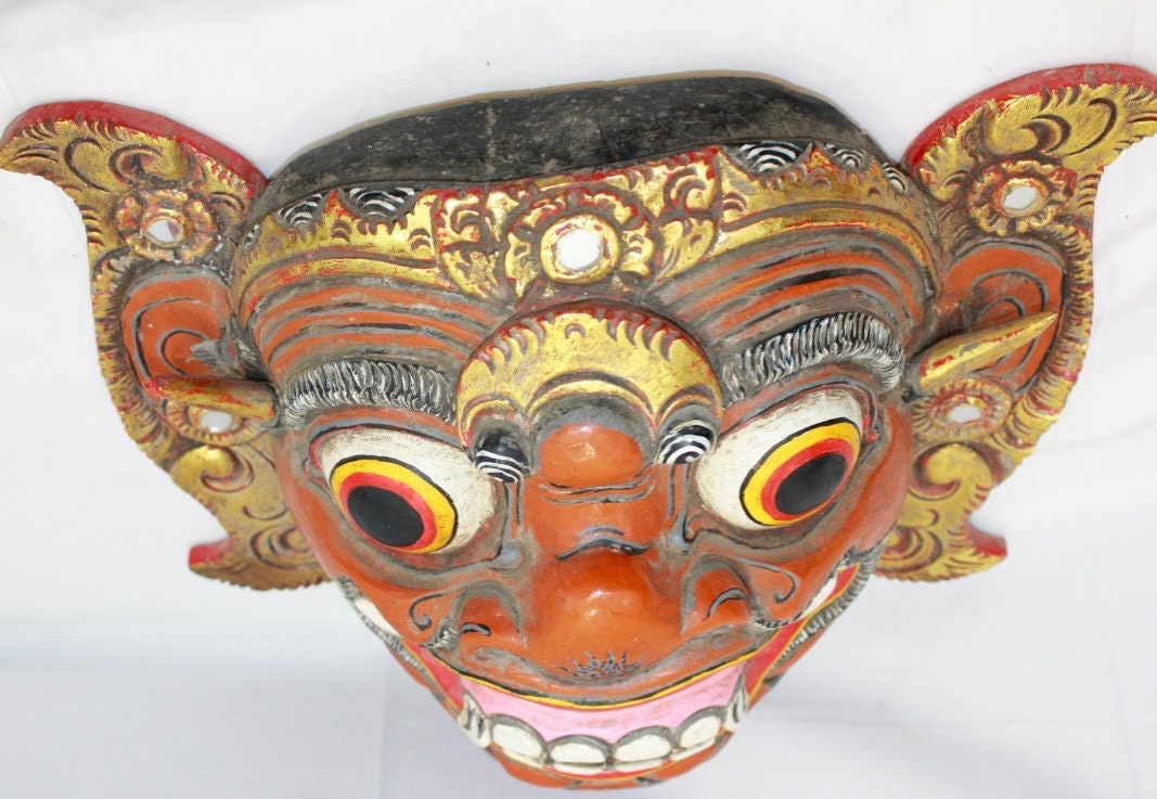 Balinese Raksasa Demon Mask Topeng Hand Carved wood Polychrome Vintage Bali Art - Acadia World Traders