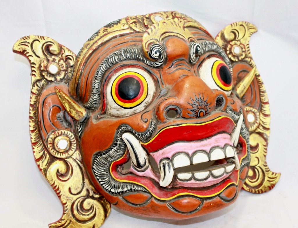 Balinese Raksasa Demon Mask Topeng Hand Carved wood Polychrome Vintage Bali Art - Acadia World Traders