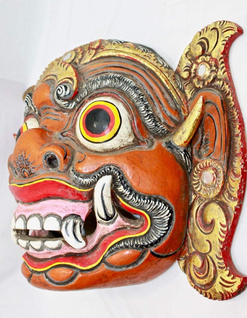 Balinese Raksasa Demon Mask Topeng Hand Carved wood Polychrome Vintage Bali Art - Acadia World Traders