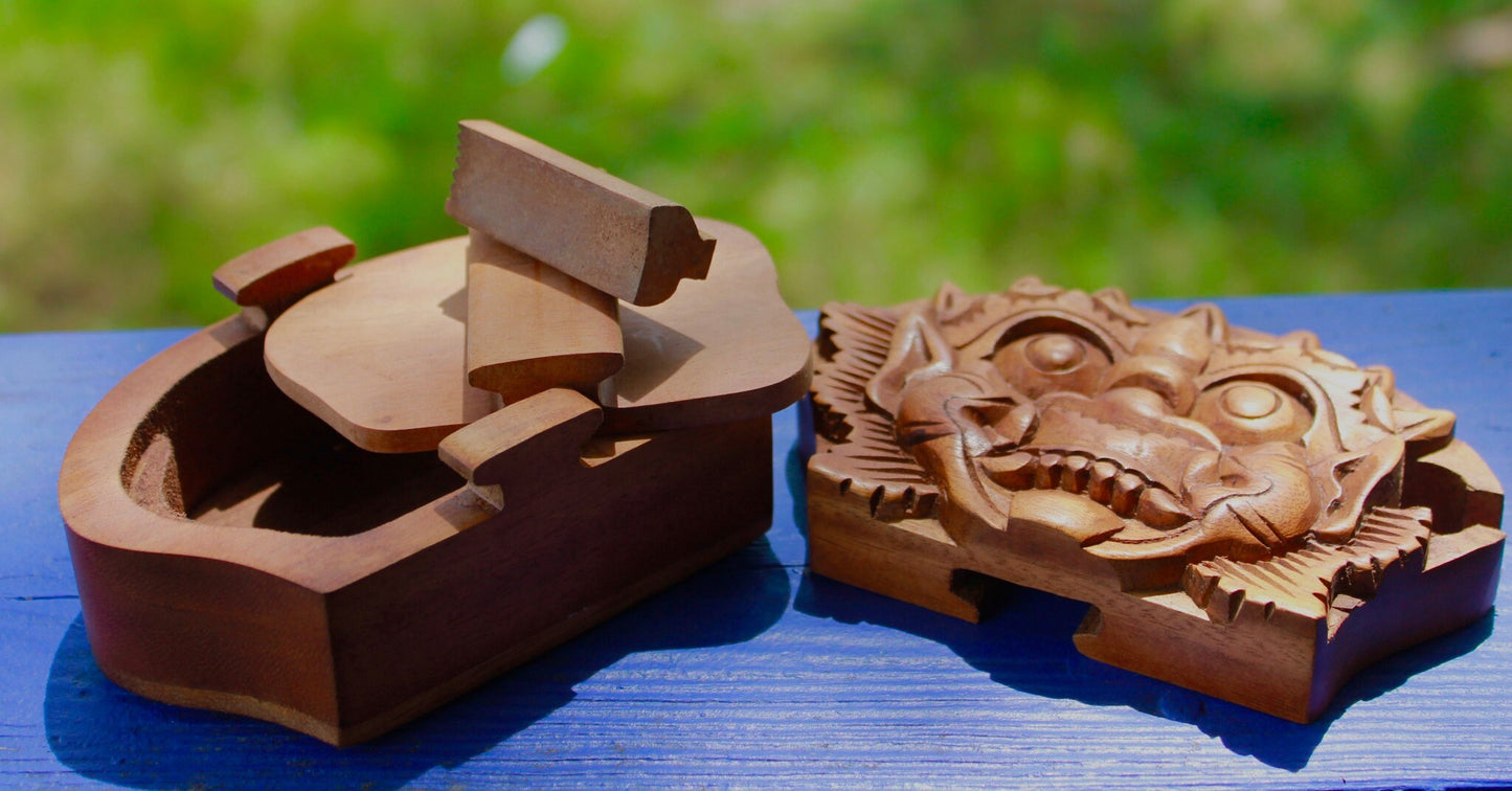 Balinese Barong Demon Wood Puzzle Box Carving: Bali Boma Secret Stash Box