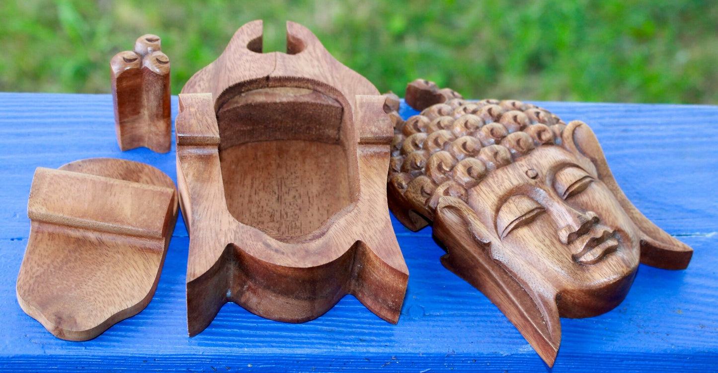 Gautama Buddha Puzzle Box Carving: Carved Wood Stash Box