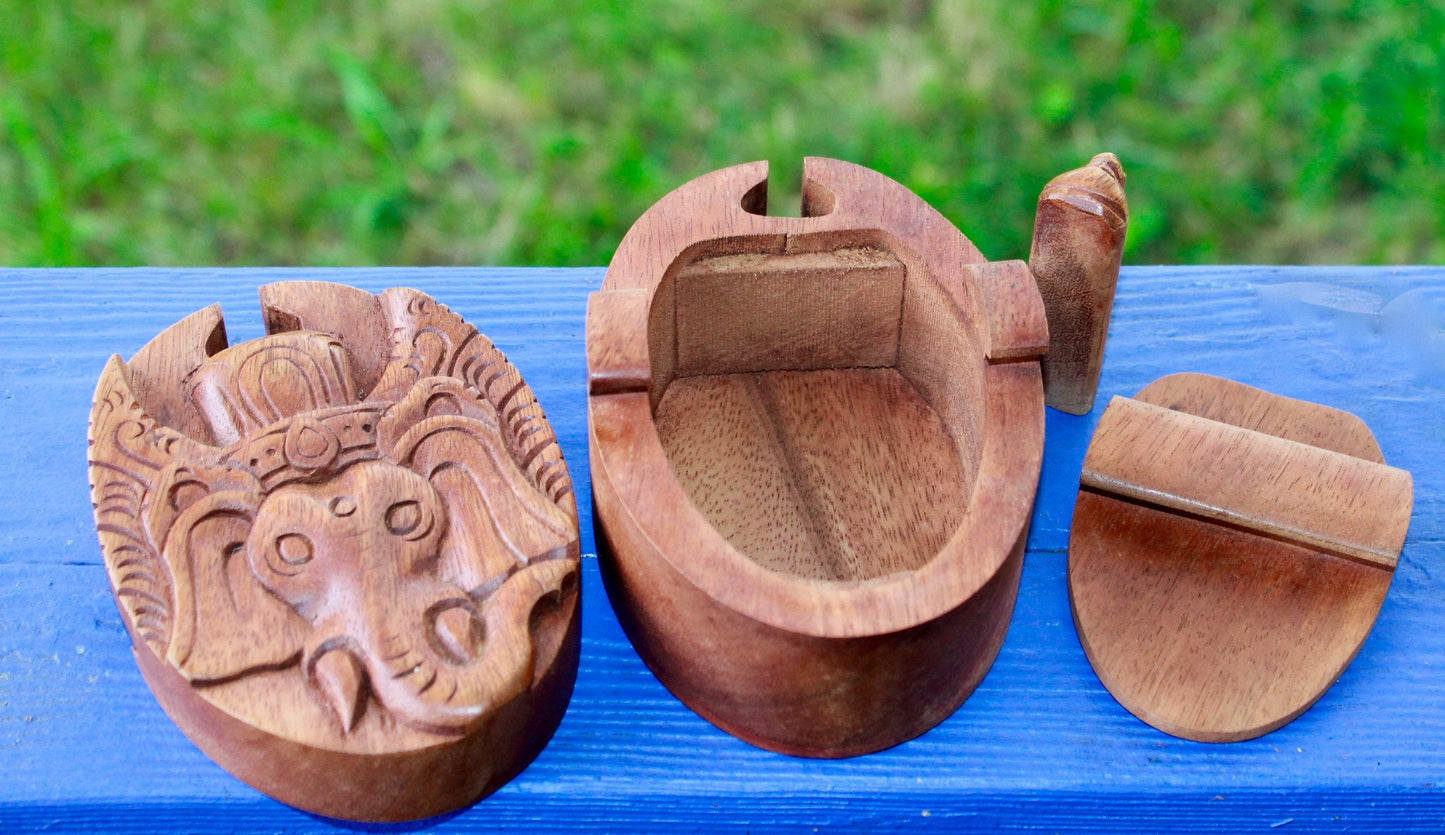 Carved Ganesha Puzzle Box: Balinese Elephant Wood Stash Box