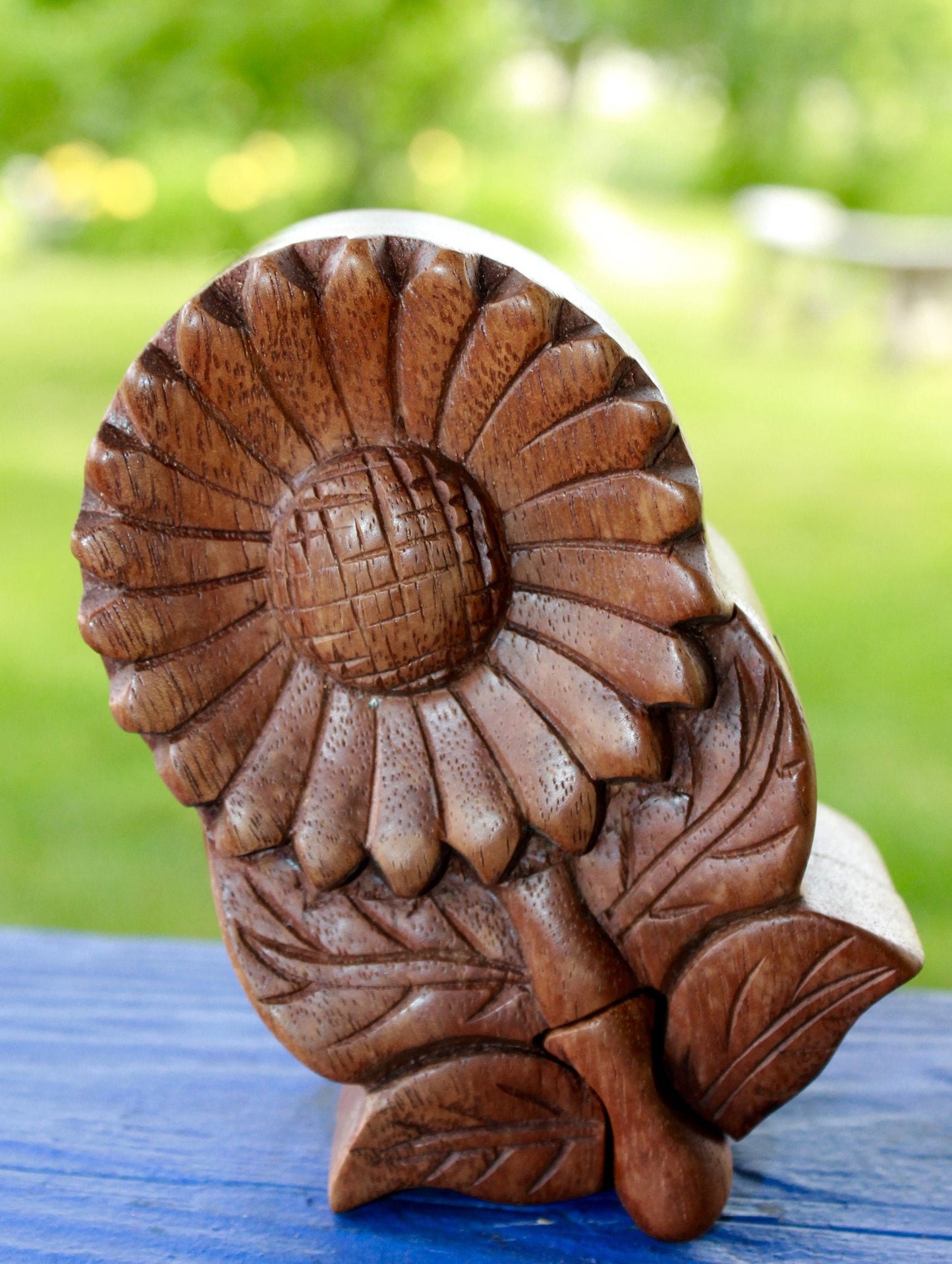 Sunflower Daisy Flower Secret Puzzle Box Jewelry gift box Trinket Stash Box Hand Carved Wood Marguerite Bali art Handmade - Acadia World Traders