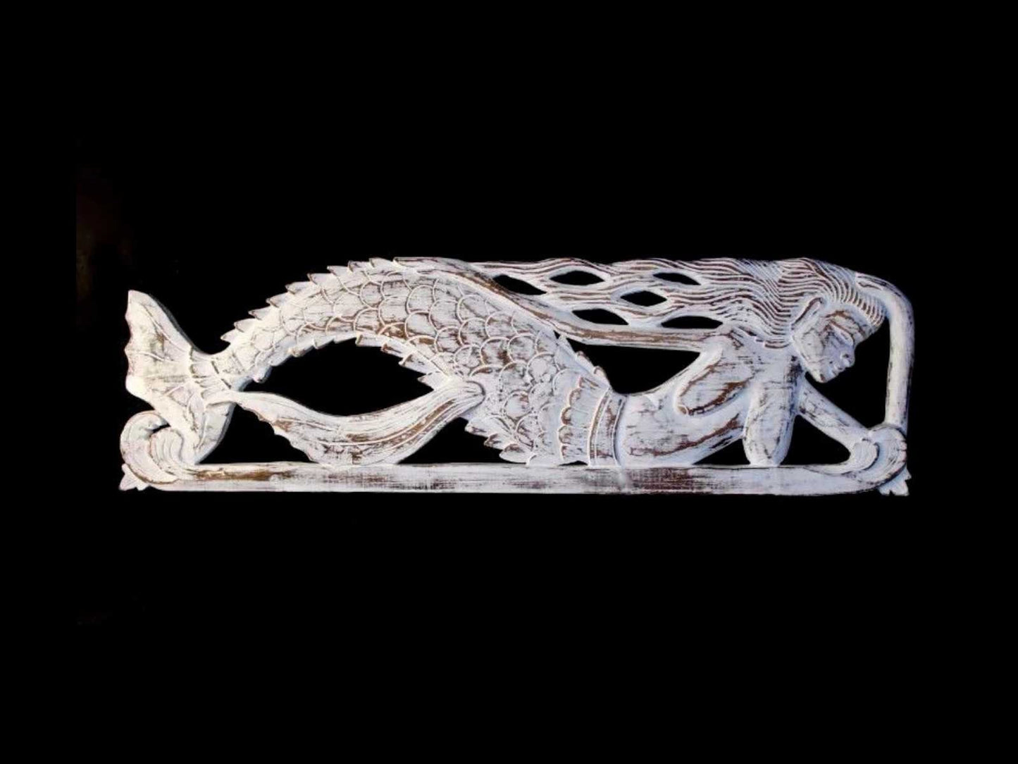 Swimming Mermaid Wooden wall art Panel Sculpture hand carved Wood Carving Nautical Decor White whitewash - Acadia World Traders
