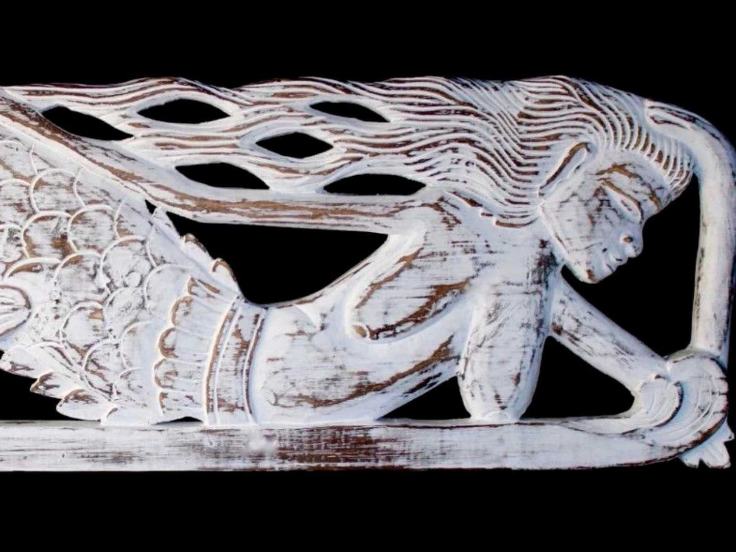 Swimming Mermaid Wooden wall art Panel Sculpture hand carved Wood Carving Nautical Decor White whitewash - Acadia World Traders