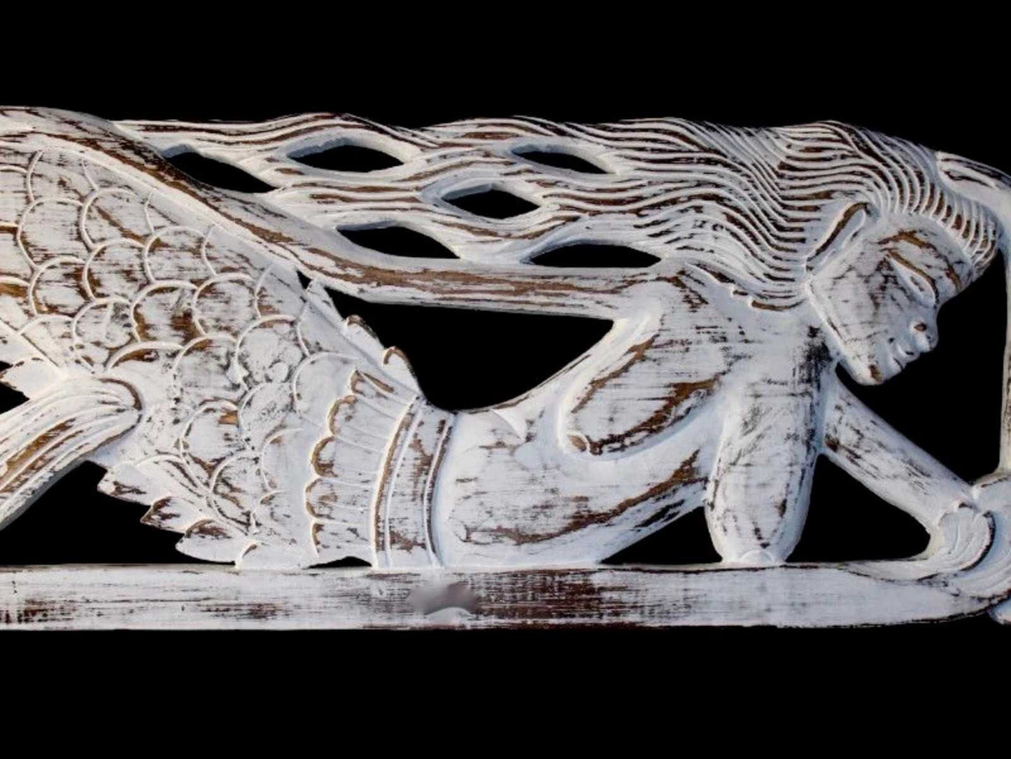 Swimming Mermaid Wooden wall art Panel Sculpture hand carved Wood Carving Nautical Decor White whitewash - Acadia World Traders