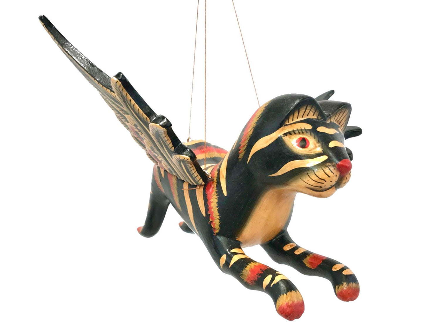 Winged Cat BLACK Striped Calico Cat MOBILE Spiritchaser demon chaser hand Carved wood Balinse Folk art wood carving - Acadia World Traders