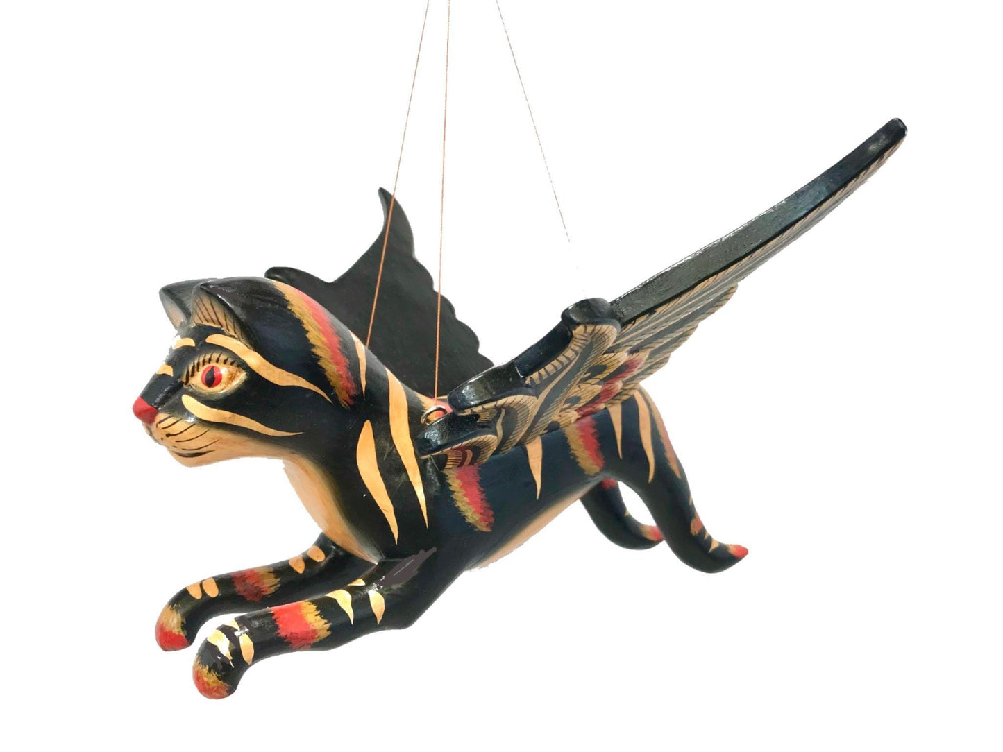Winged Cat BLACK Striped Calico Cat MOBILE Spiritchaser demon chaser hand Carved wood Balinse Folk art wood carving - Acadia World Traders