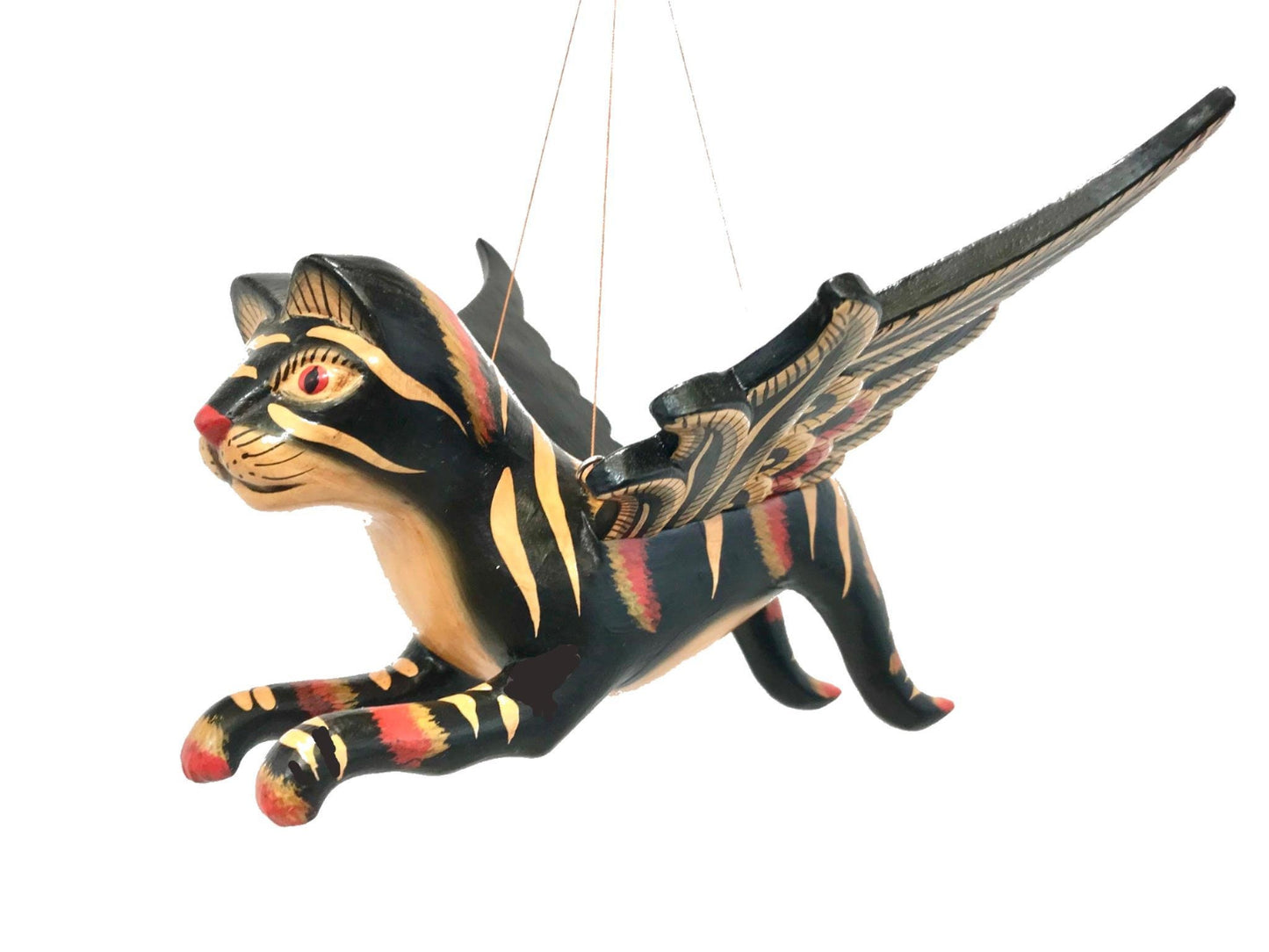 Winged Cat BLACK Striped Calico Cat MOBILE Spiritchaser demon chaser hand Carved wood Balinse Folk art wood carving - Acadia World Traders