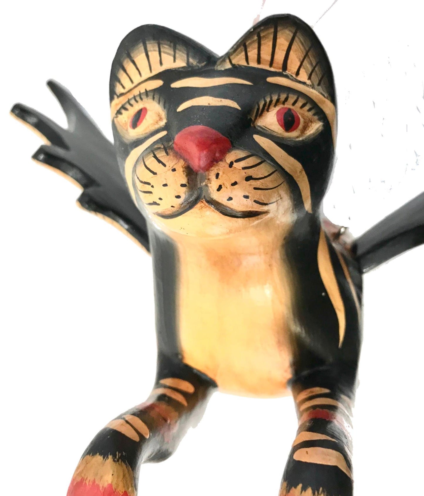 Winged Cat BLACK Striped Calico Cat MOBILE Spiritchaser demon chaser hand Carved wood Balinse Folk art wood carving - Acadia World Traders
