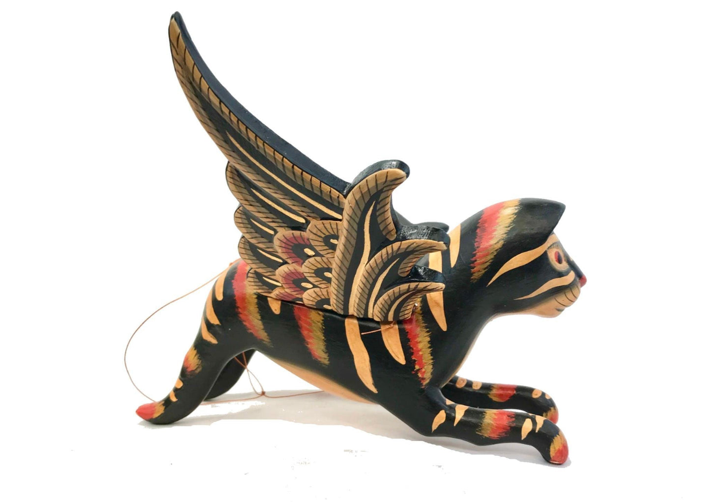 Winged Cat BLACK Striped Calico Cat MOBILE Spiritchaser demon chaser hand Carved wood Balinse Folk art wood carving - Acadia World Traders