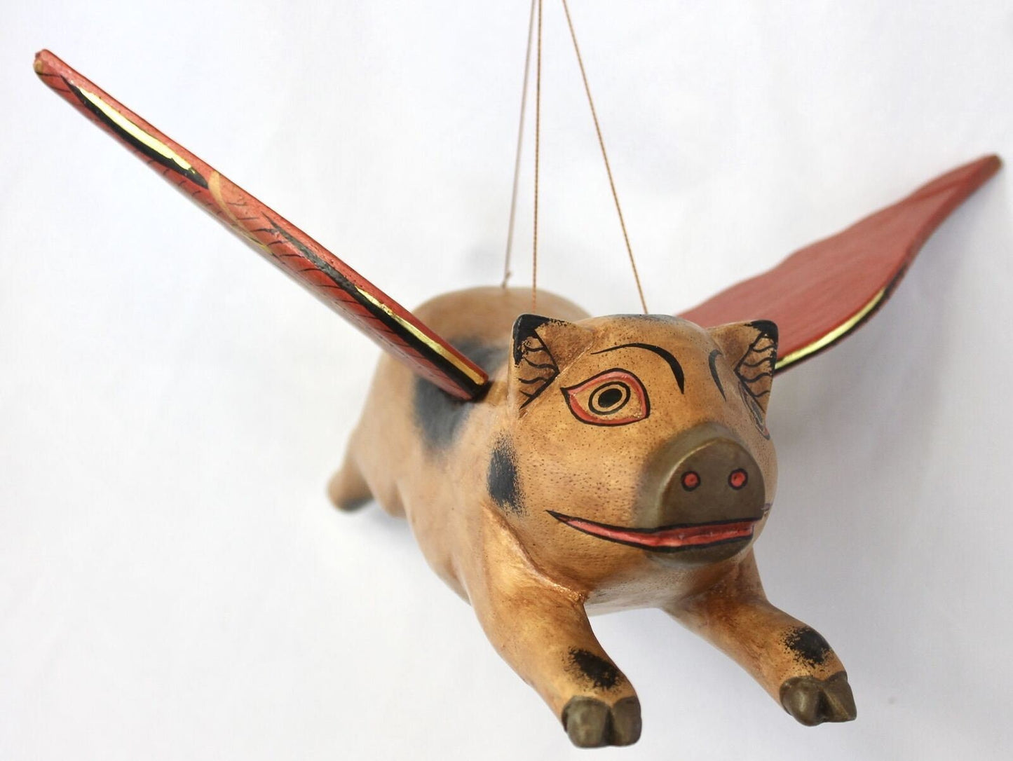 Balinese FLYING Pig Mobile Winged Crib Guardian Hand Carved Wood Bali Art 12"