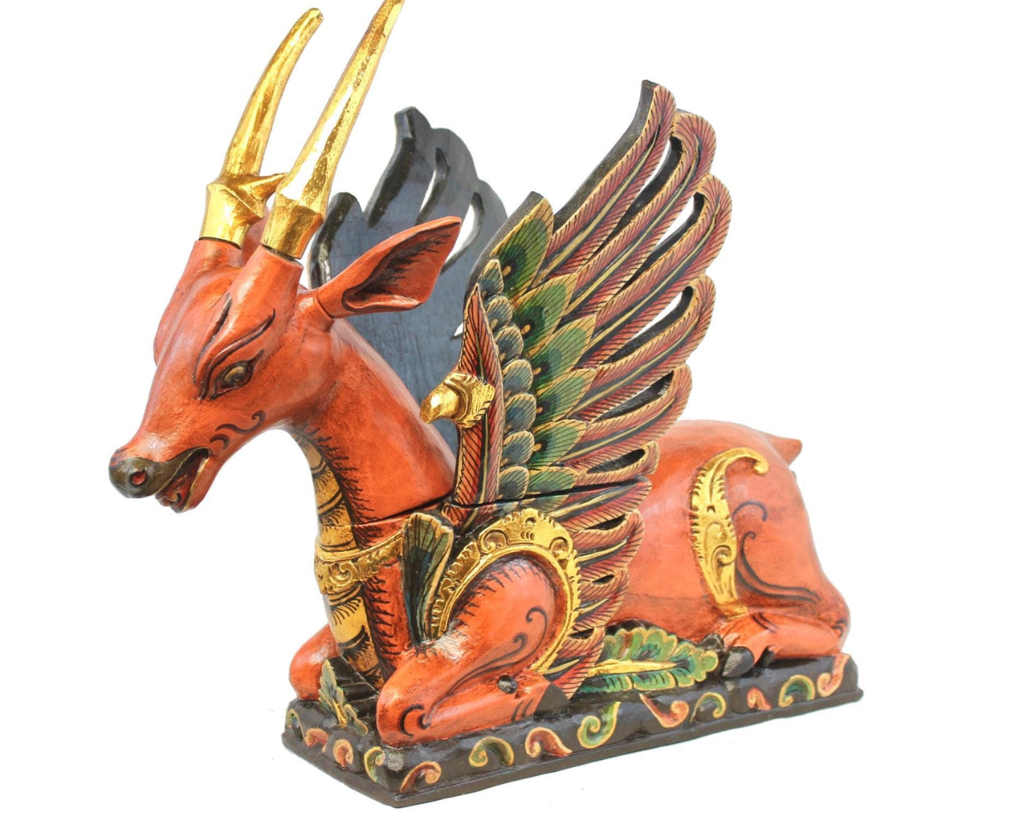 Balinese Winged Deer Statue: Polychrome Hand Carved Wood, Temple Guardian Carving