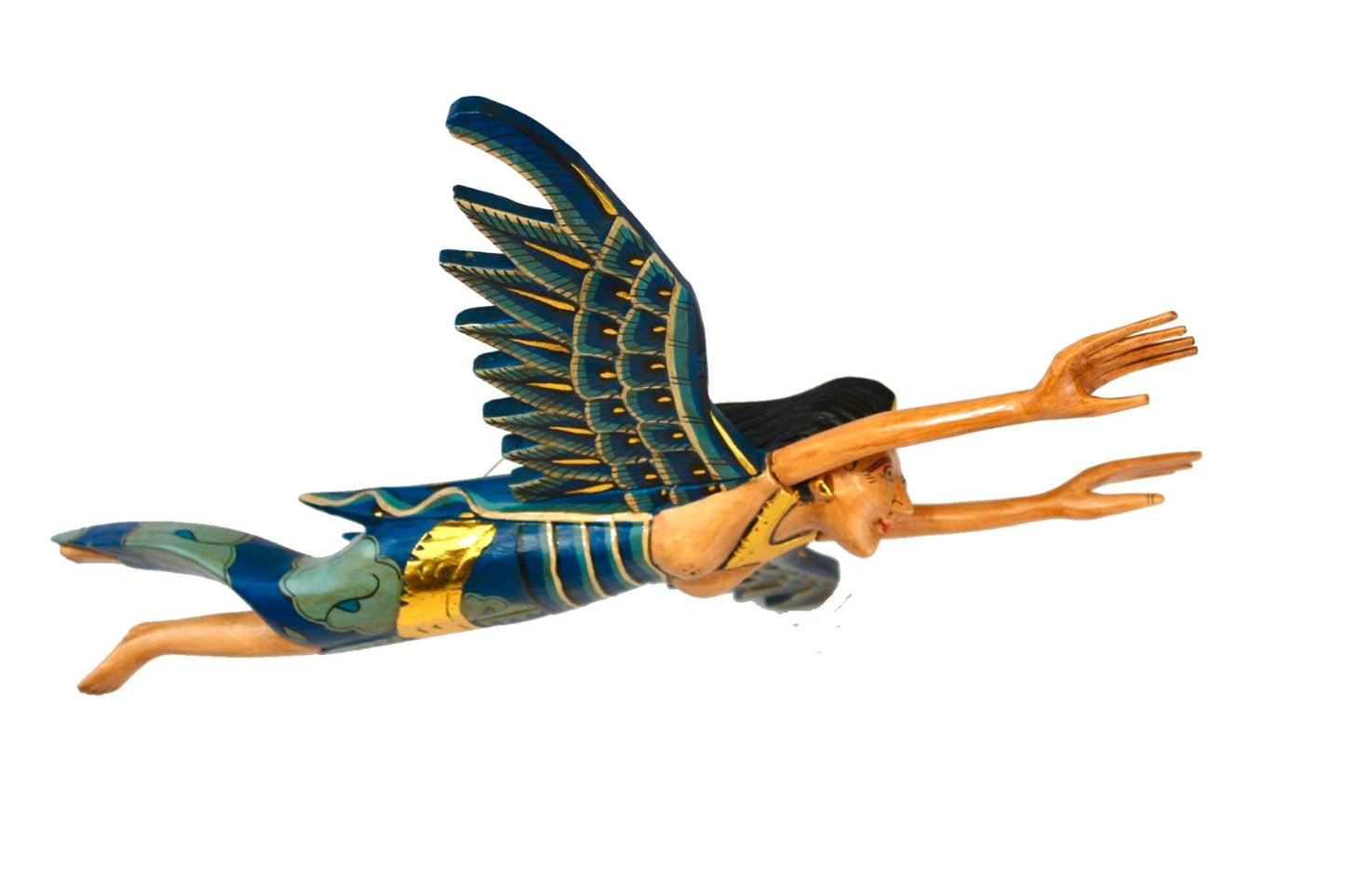 Flying Winged Dewi Sri Rice Goddess Mobile Spiritchaser Carved Wood Bali art Teal - Acadia World Traders