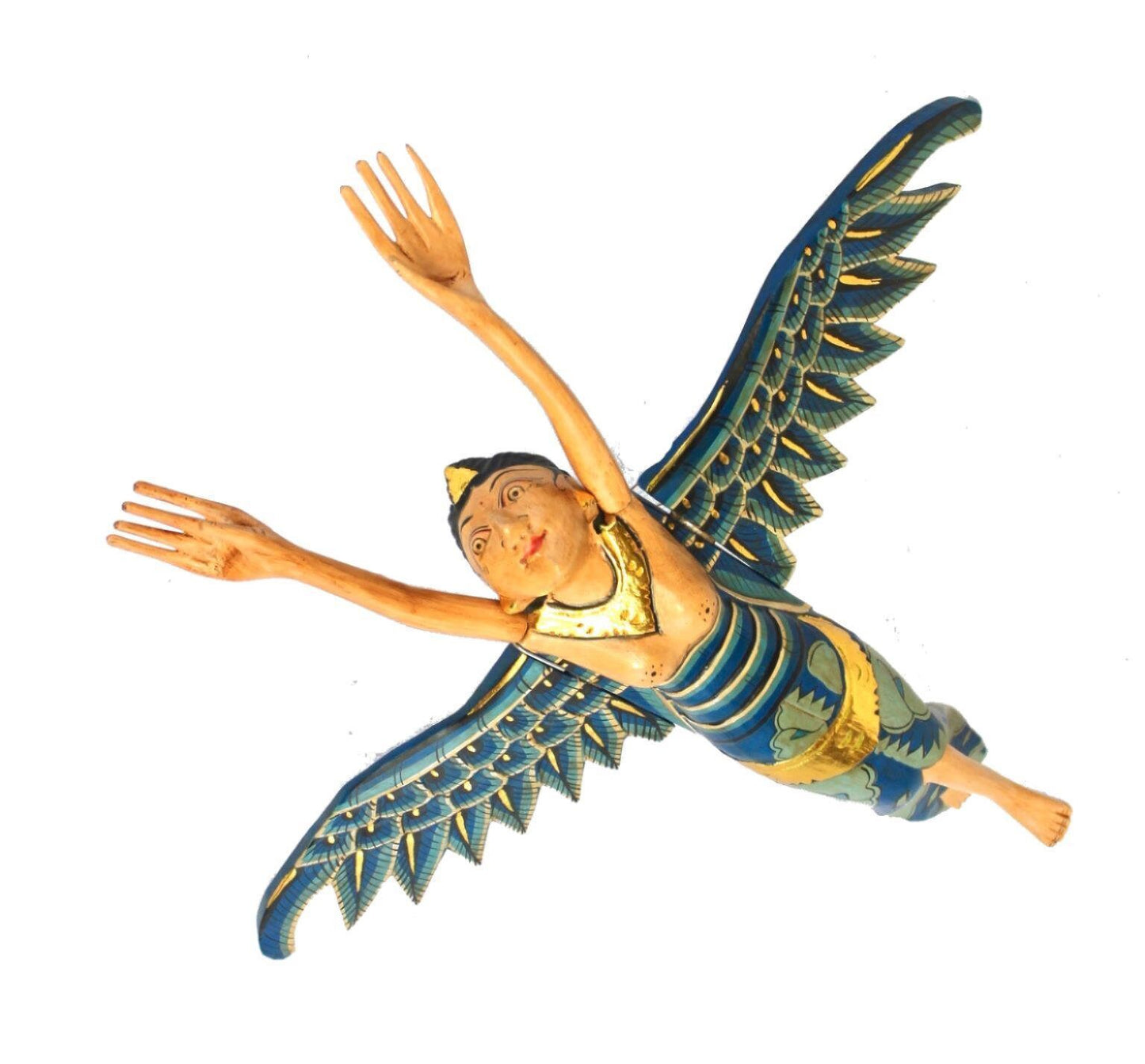 Flying Winged Dewi Sri Rice Goddess Mobile Spiritchaser Carved Wood Bali art Teal - Acadia World Traders