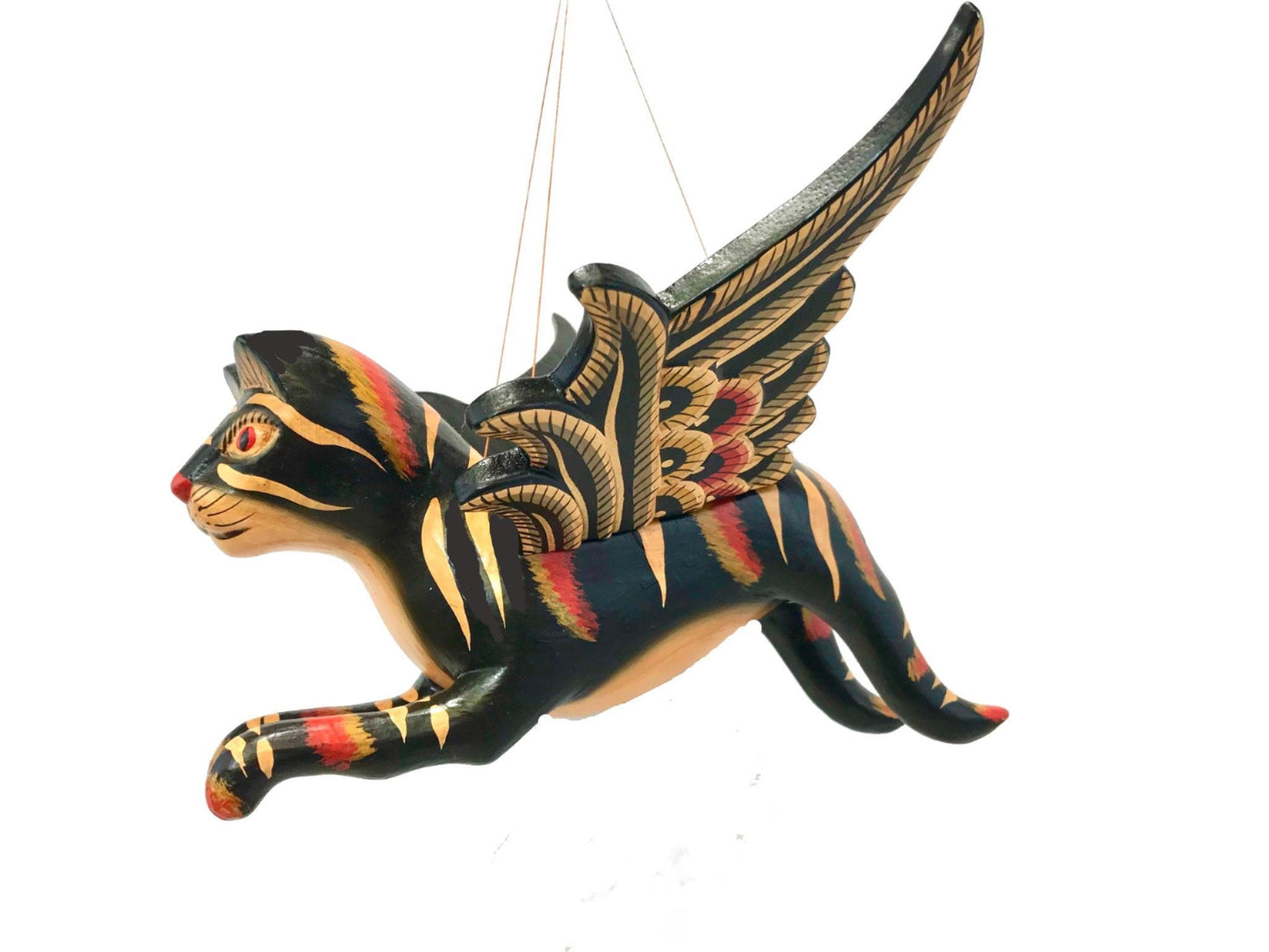 Winged Cat BLACK Striped Calico Cat MOBILE Spiritchaser demon chaser hand Carved wood Balinse Folk art wood carving - Acadia World Traders
