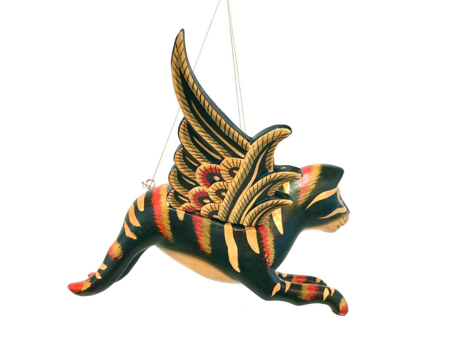 Winged Cat BLACK Striped Calico Cat MOBILE Spiritchaser demon chaser hand Carved wood Balinse Folk art wood carving - Acadia World Traders