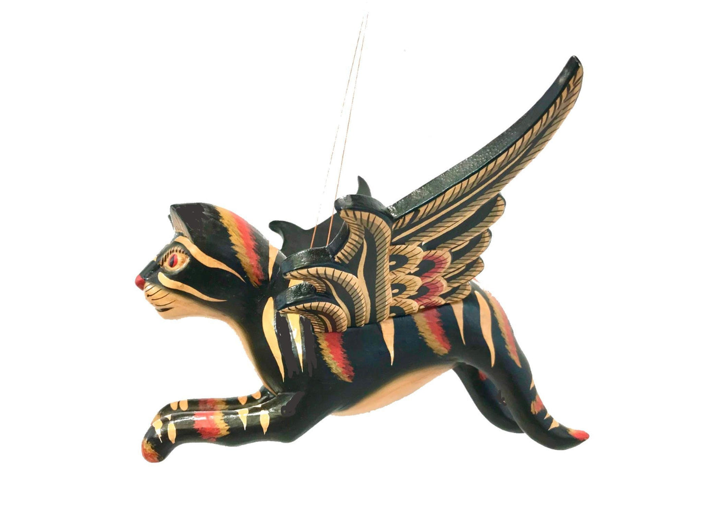 Winged Cat BLACK Striped Calico Cat MOBILE Spiritchaser demon chaser hand Carved wood Balinse Folk art wood carving - Acadia World Traders