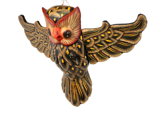 Balinese Flying Horned Owl Mobile Spiritchaser Demon Chaser Hand Carved Wood Balinese Folk Art Eclectic Decor - Acadia World Traders