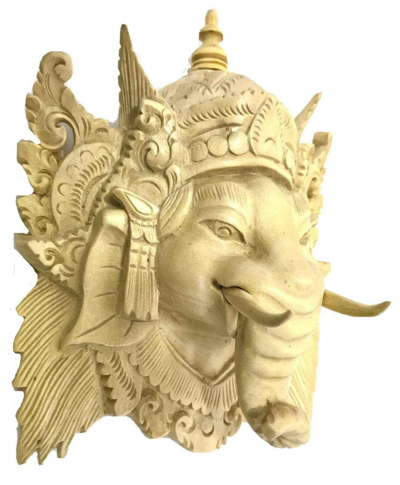 Balinese Ganesha Remover of. Obstacles Elephant Mask Hand Carved wood Carving Hindu Wall Art eclectic spiritual Decor - Acadia World Traders