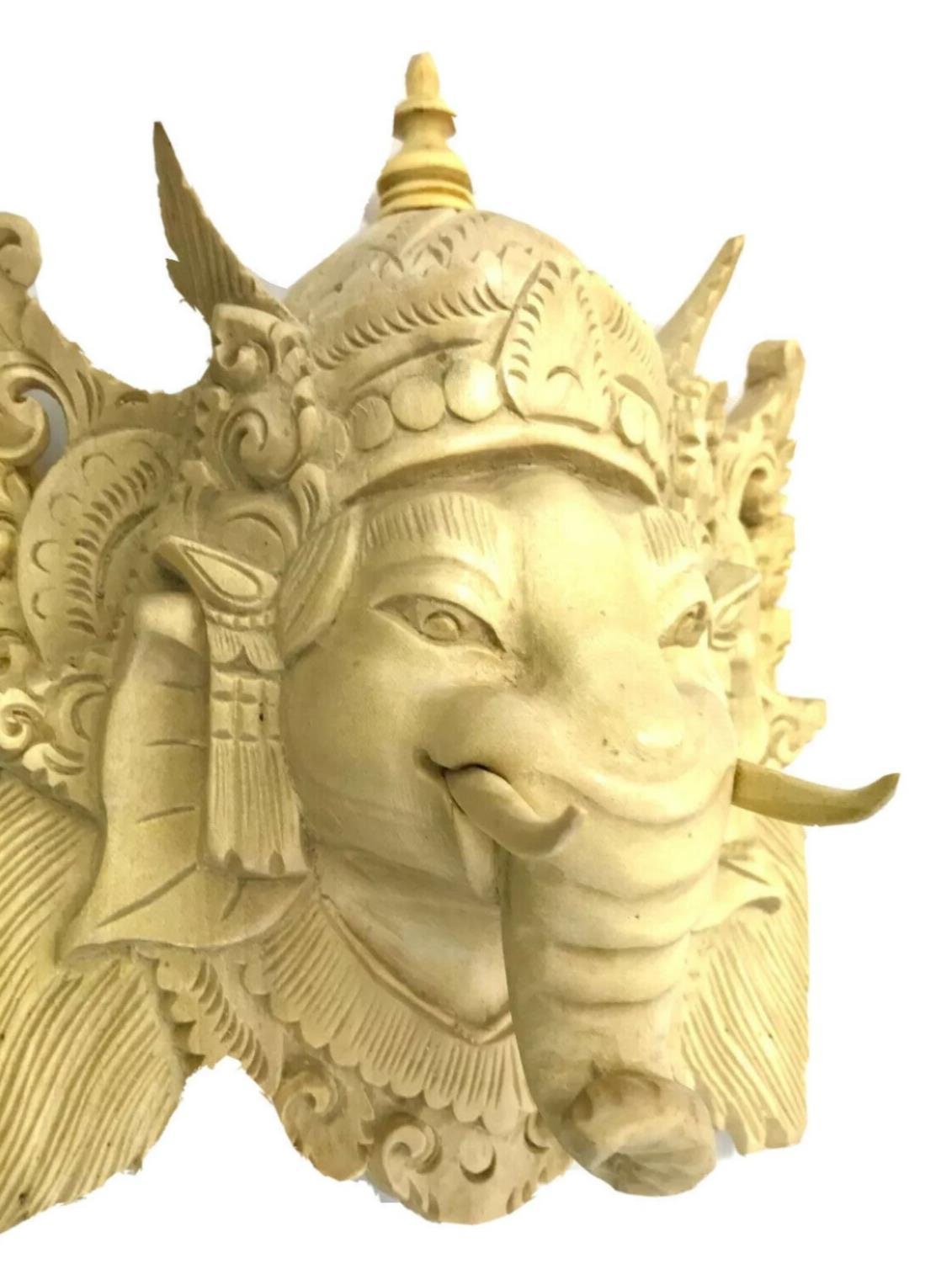 Balinese Ganesha Remover of. Obstacles Elephant Mask Hand Carved wood Carving Hindu Wall Art eclectic spiritual Decor - Acadia World Traders