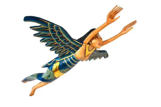 Flying Winged Dewi Sri Rice Goddess Mobile Spiritchaser Carved Wood Bali art Teal - Acadia World Traders