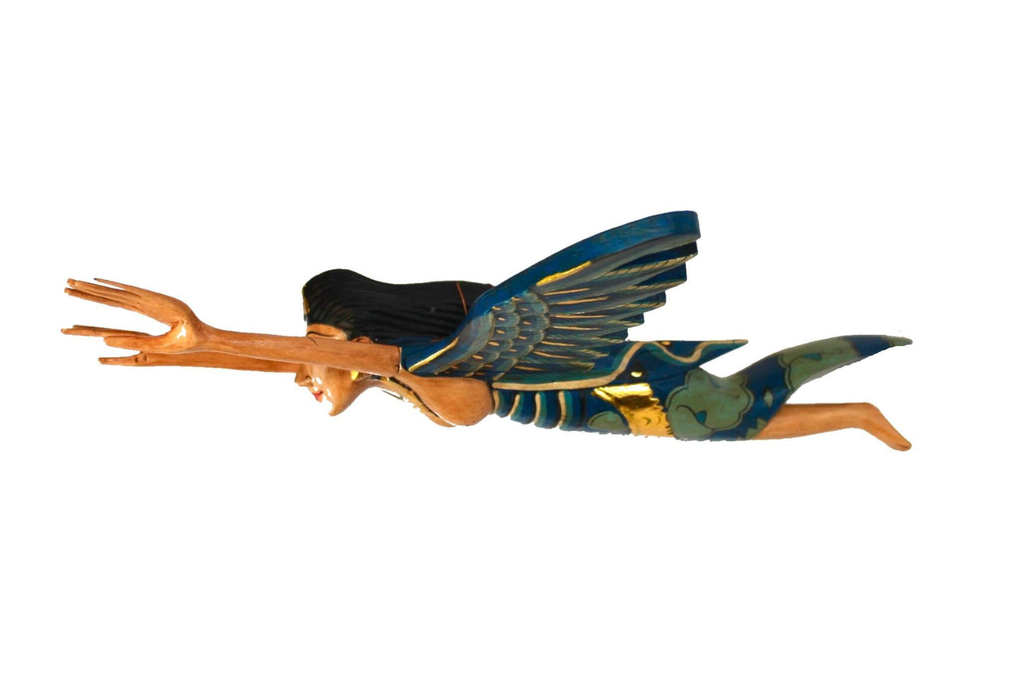 Flying Winged Dewi Sri Rice Goddess Mobile Spiritchaser Carved Wood Bali art Teal - Acadia World Traders