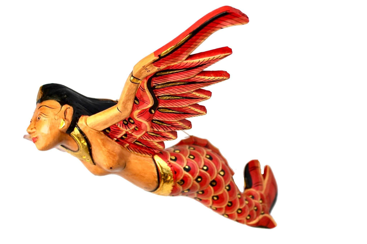Bali Winged Flying Mermaid Mobile Spiritchaser Carved wood Balinese art 15"