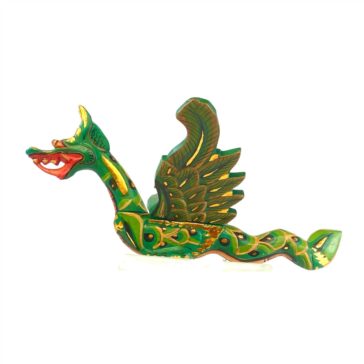 Winged Dragon Spiritchaser Hanging Mobile Wooden Naga Guardian Hand Carved Wood Balinese Folk Art Asian Decor Green 16" - Acadia World Traders