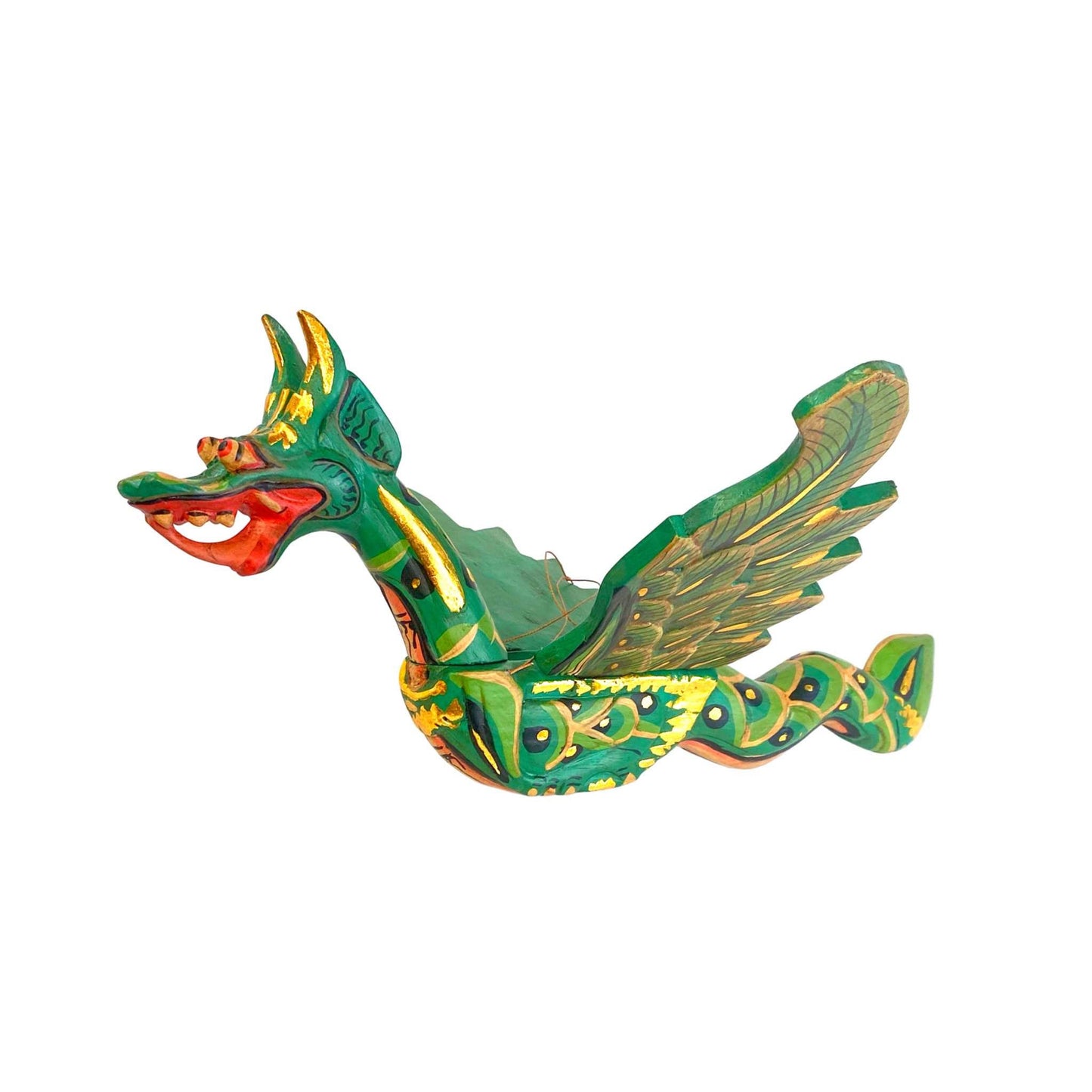 Winged Dragon Spiritchaser Hanging Mobile Wooden Naga Guardian Hand Carved Wood Balinese Folk Art Asian Decor Green 16" - Acadia World Traders