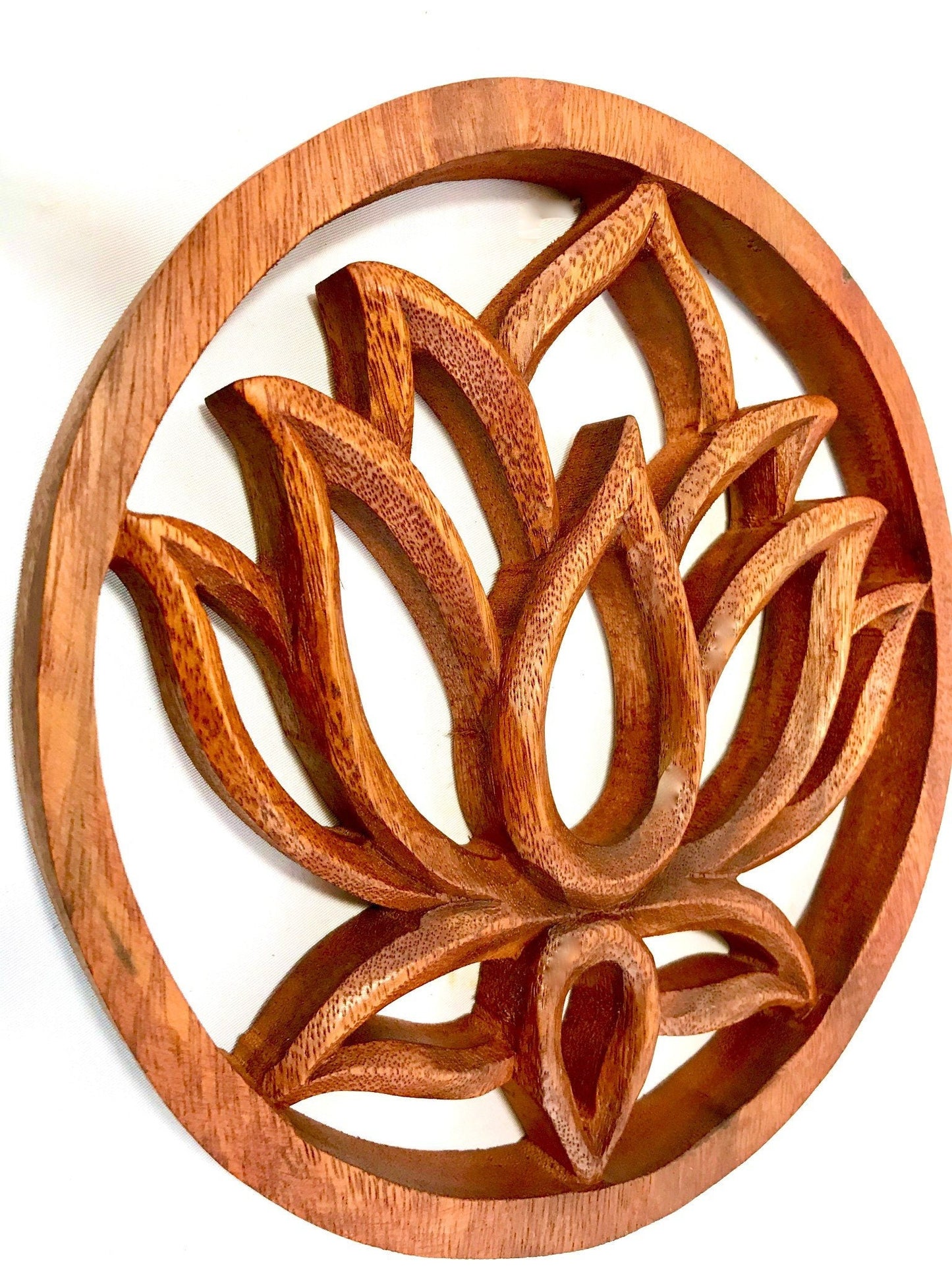 Sacred Wall Art, Boho Home Decor, Sacred symbol, Bohemian Decor, Plaque Panel Trivet Lotus Hamsa Horus Hand Carved Balinese wood carving 8"