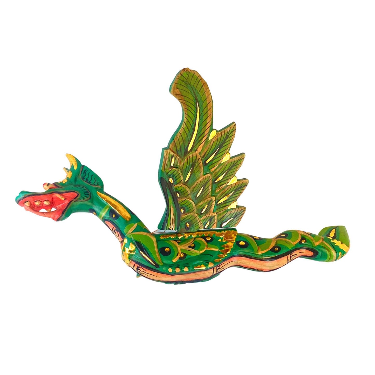 Winged Dragon Spiritchaser Hanging Mobile Wooden Naga Guardian Hand Carved Wood Balinese Folk Art Asian Decor Green 16" - Acadia World Traders