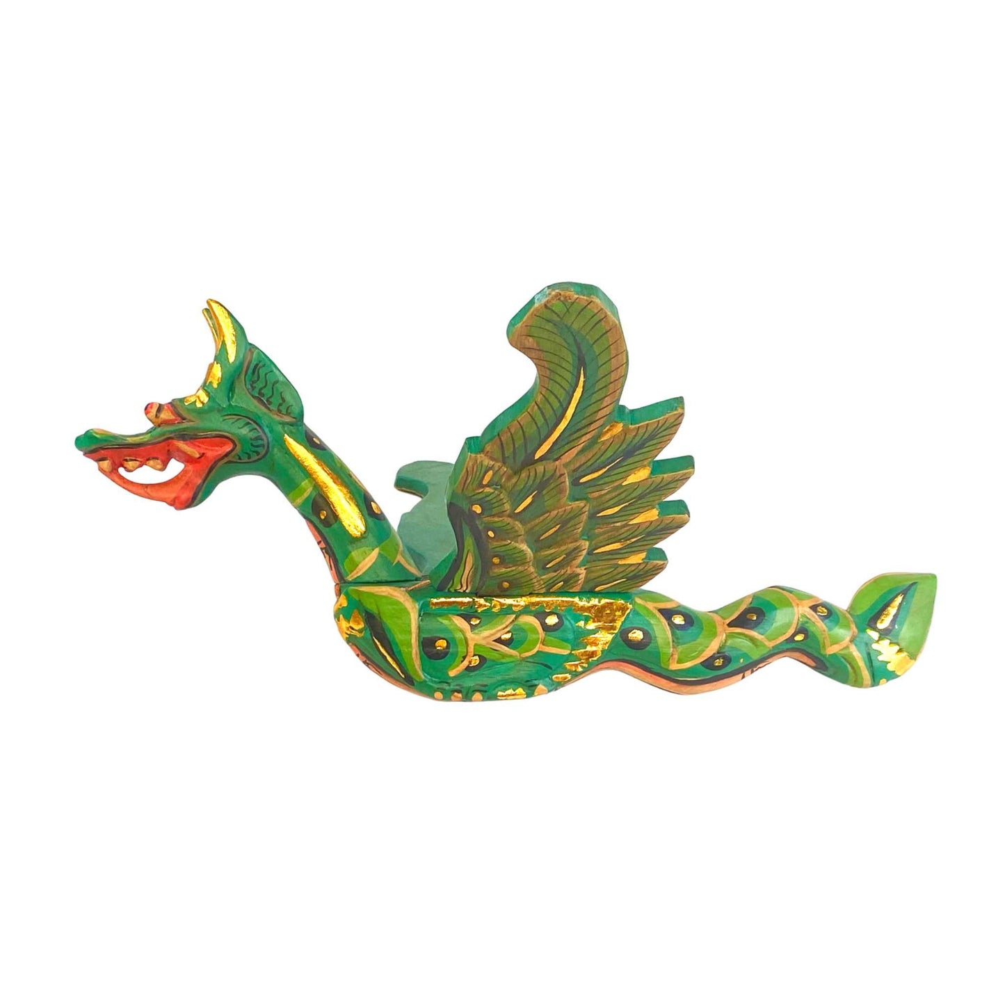 Winged Dragon Spiritchaser Hanging Mobile Wooden Naga Guardian Hand Carved Wood Balinese Folk Art Asian Decor Green 16" - Acadia World Traders