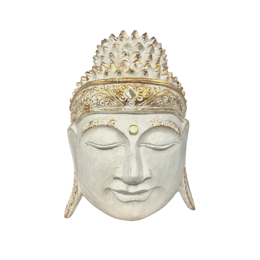 Gautama Buddha Wooden Mask Wall Art Sculpture Hand Carved Wood Carving Balinese Folk Art White Eclectic Boho  Decor - Acadia World Traders