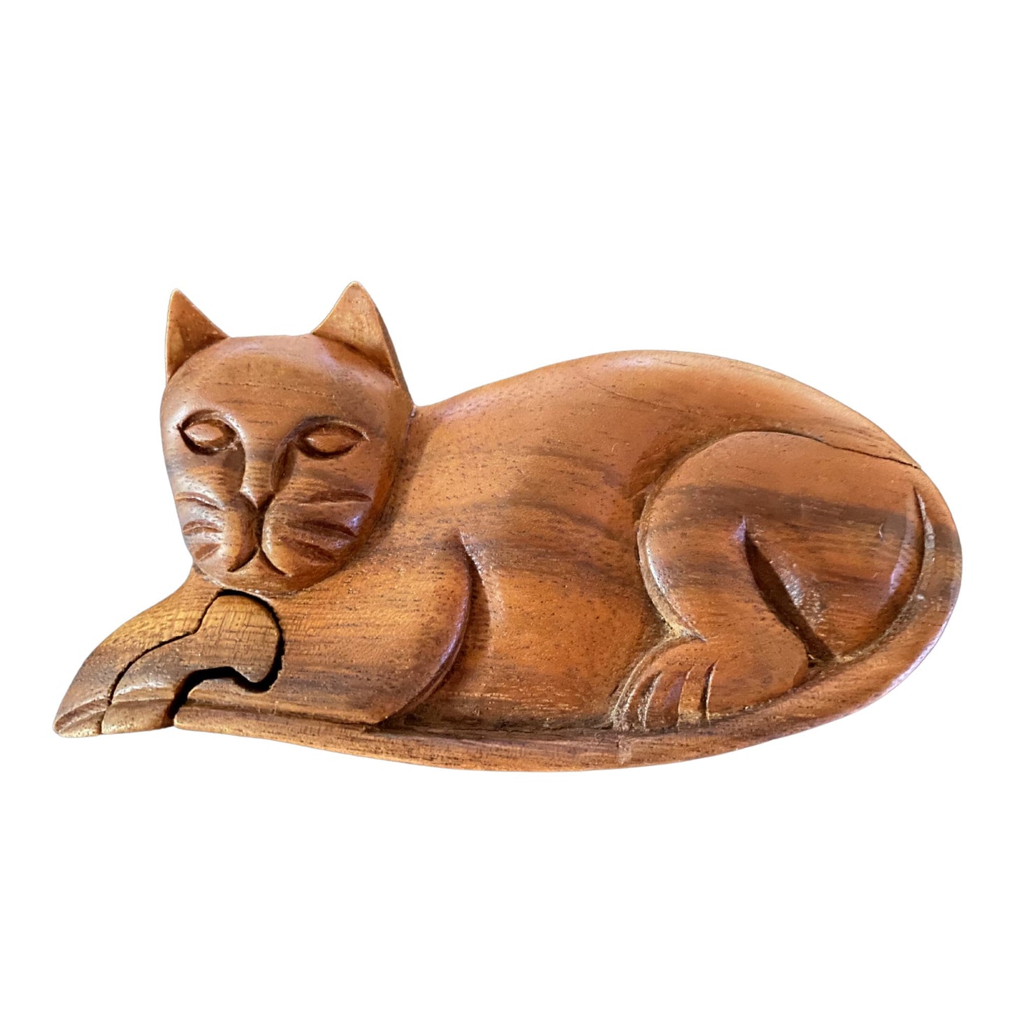 Kitty Cat Feline Secret Puzzle Box Trinket stash Box Jewelry Gift Box Hand Carved Wood