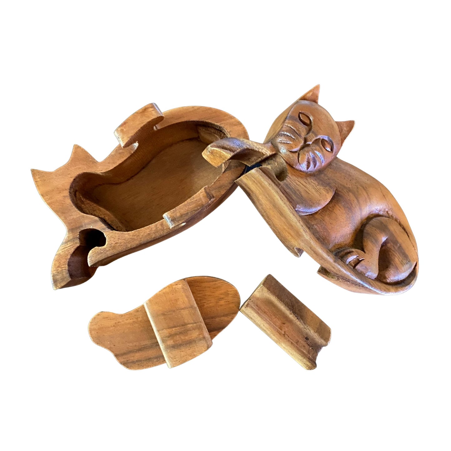 Hand Carved Wood Cat Puzzle Box: Jewelry Trinket Box, Balinese Carving