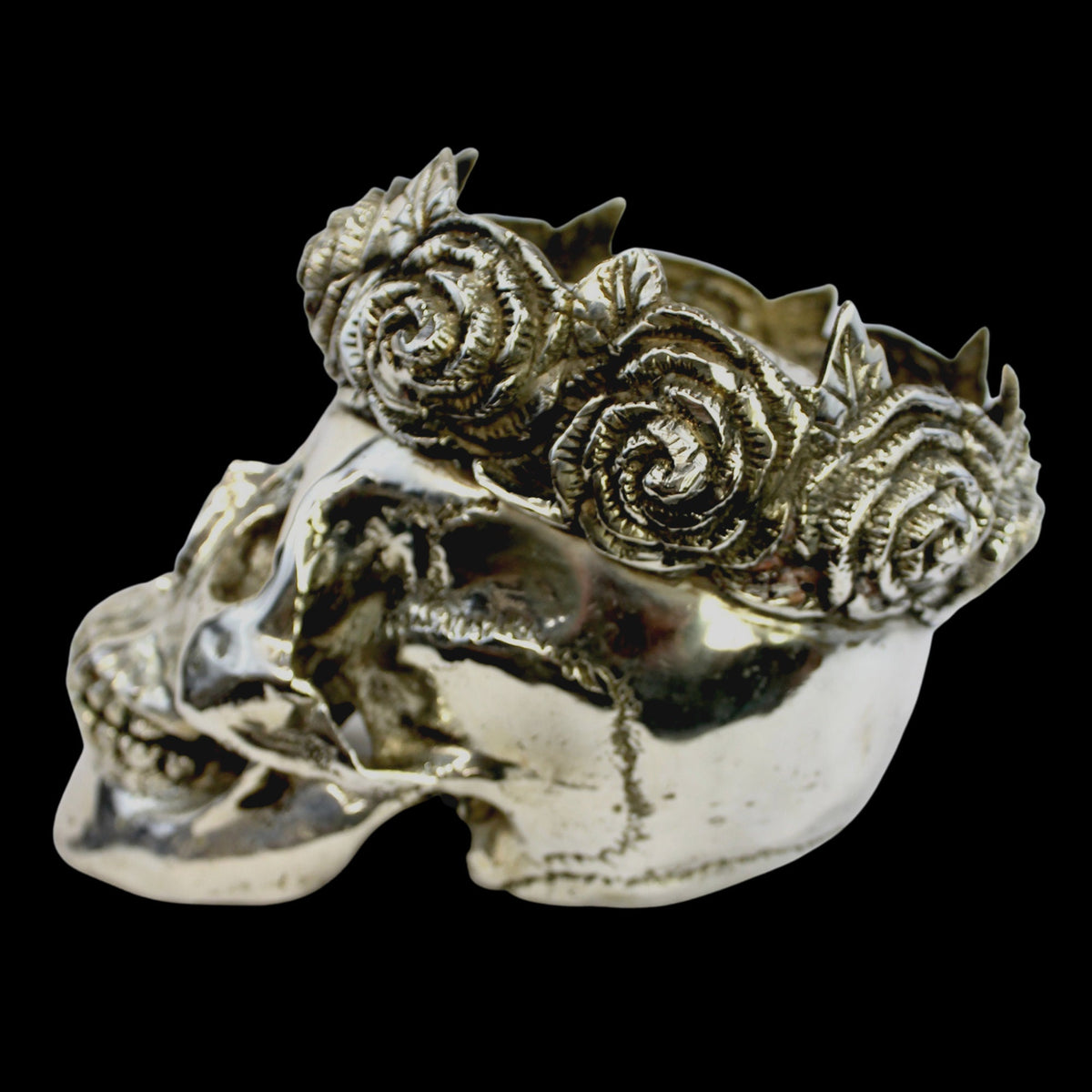 Gothic Skull Queen Crown of Roses Statue lost wax Cast silvered Bronze Bali Art