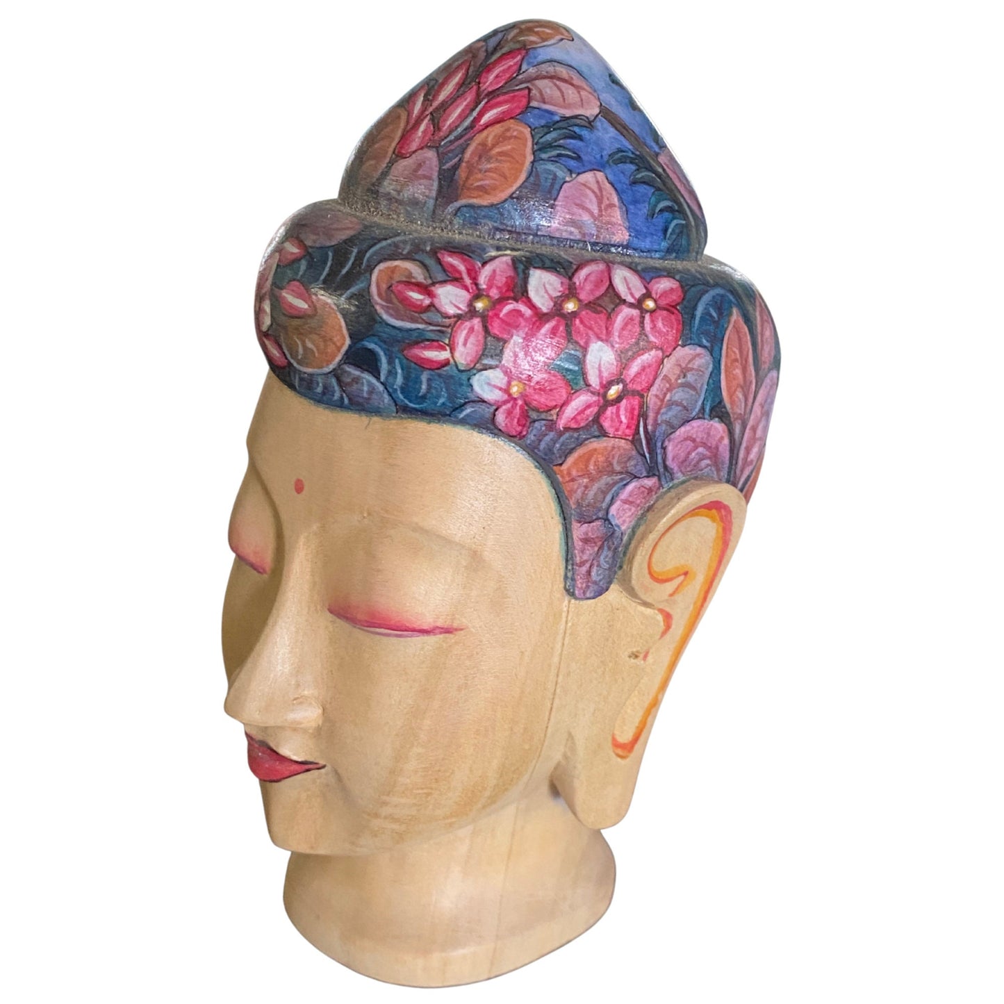 Balinese Buddha Bust Sculpture Jungle Zen Statue Carved Wood Painted Bali Art