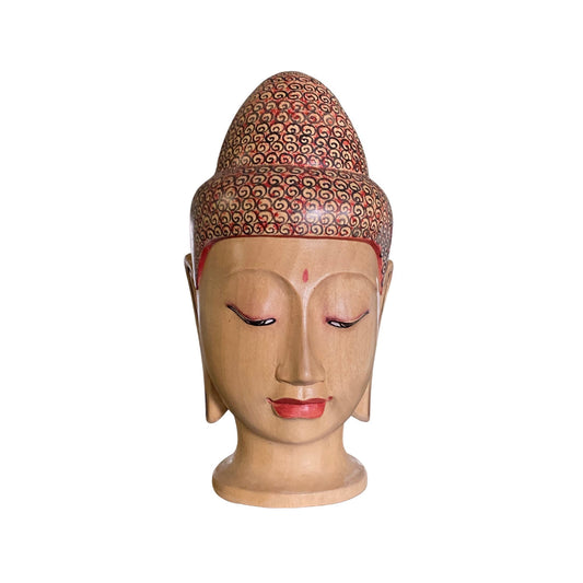 Balinese Buddha Bust Sculpture Zen Statue Carved Wood Hand Painted Bali Art